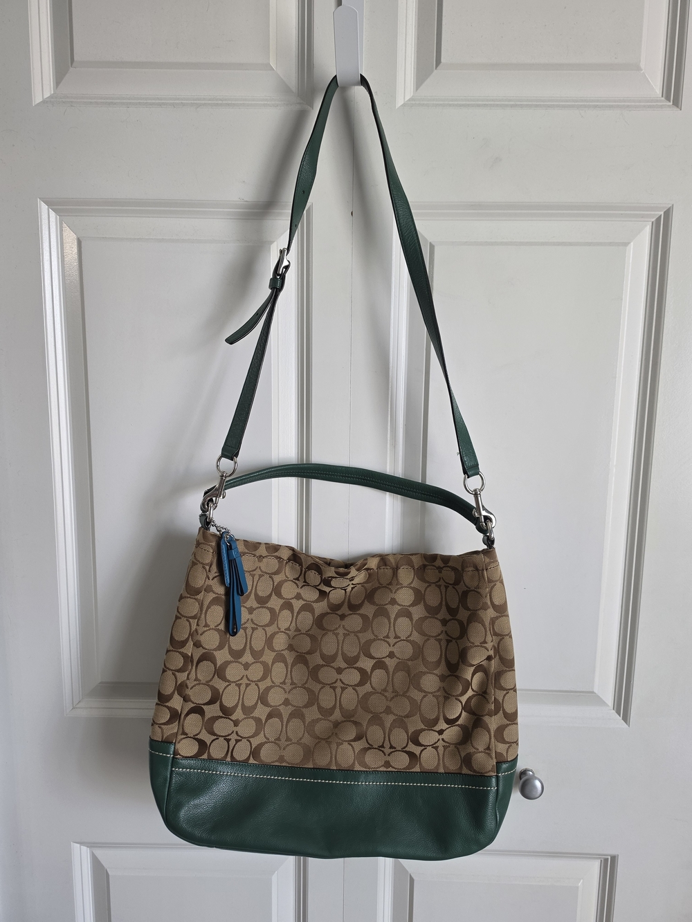 Coach Tan & Brown Signature Crossbody with Green Leather and Blue Tassel details